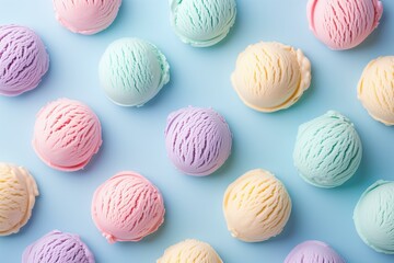 Obraz premium pastel color scoops of ice cream pattern on a pastel background top view flat lay, summer vibes