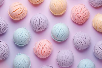 Obraz premium pastel color scoops of ice cream pattern on a pastel background top view flat lay, summer vibes