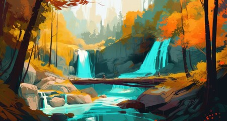 beautiful of waterfall landscape painting background