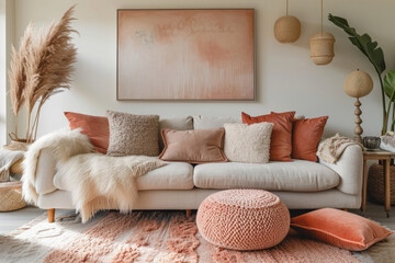 Cozy and stylish boho-chic living room with peach and cream tones