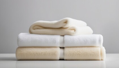 Light white spa towels pile, bath towels lying in a stack on light white peaceful background with...