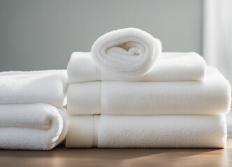 Light white spa towels pile, bath towels lying in a stack on light white peaceful background with copy space

