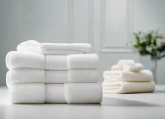 Fototapeta na wymiar Light white spa towels pile, bath towels lying in a stack on light white peaceful background with copy space