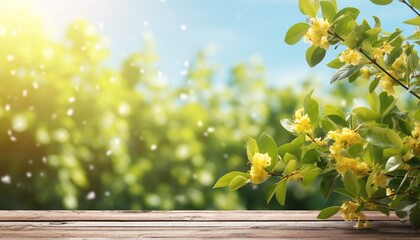 a wooden table and leaves at a sunny space with spring background. copy space for text or brand