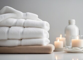 Obraz na płótnie Canvas Light white spa towels pile, bath towels lying in a stack on light white peaceful background 