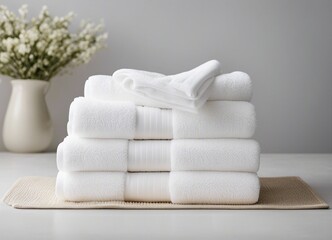 Fototapeta na wymiar Light white spa towels pile, bath towels lying in a stack on light white peaceful background 