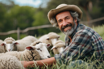 Smiling man feeding sheep on pasture at farm