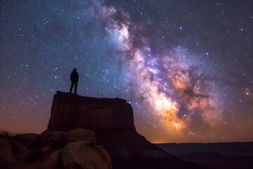 Silhouette of a man staying on rock and watching at the milky way. stars background.