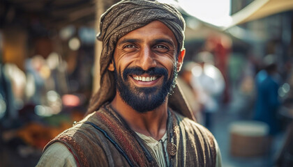 Islam man on food market. Arab men selling on market. Happy cheerful portrait of a male Muslim