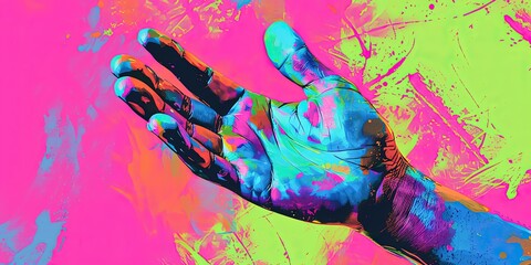 Pop art hand, combination of colors and paints, mural style, background, template, wallpaper.