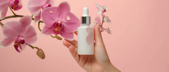 Hands holding a bottle of white blank serum cream blank , pink orchid background mockup