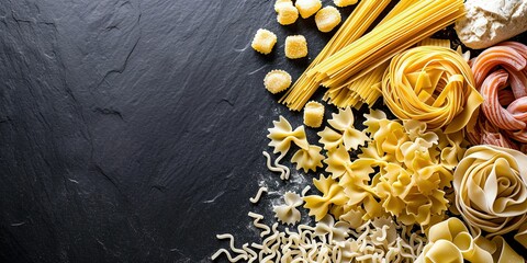 Different types of dry pasta, fusilli, spaghetti, bows, orecchiette, Italian cuisine, background, wallpaper.