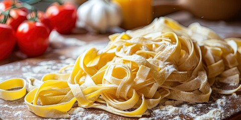 Freshly prepared yellow pasta , dry and cooked pasta , egg pasta , fettuccine , tagliatelle , pasta without sauce with cheese , Italian cuisine , background , wallpaper.
