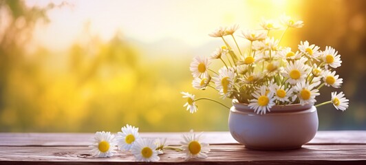 a yellow pot on the table with daisy flowers in it. copy space for text or brand