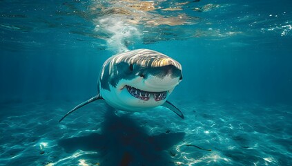 Huge white shark in blue ocean swims underwater. Sharks in the wild. Background with sunlight - obrazy, fototapety, plakaty
