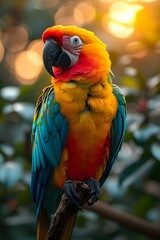 close up portrait of colorful blue and yellow macaw parrot Ara. vertical orientation - obrazy, fototapety, plakaty