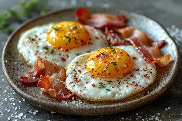 plate of fried eggs and bacon on white plate. breakfast of fried eggs and bacon