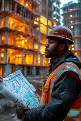Fototapeta premium construction engineer in a hard hat and an orange vest. Builder with drawings. vertical orientation