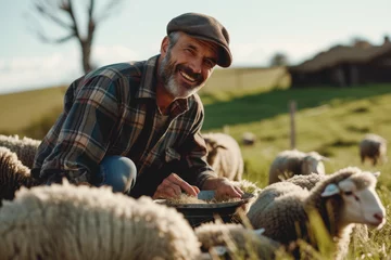Poster Smiling man feeding sheep on pasture at farm © Kien