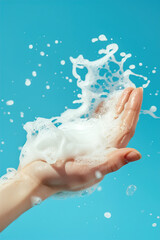 Hands with foam bubble splashing on blue background