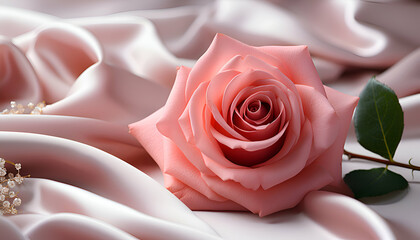Beautiful pink rose on a soft satin background. Close up.