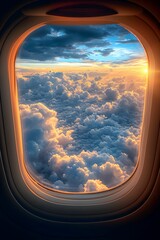 airplane window with blue sky behind illuminated with golden lights of sunset. vertical orientation - obrazy, fototapety, plakaty