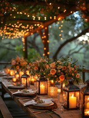 festive table setting with candles for an outdoor wedding. vertical orientation - obrazy, fototapety, plakaty