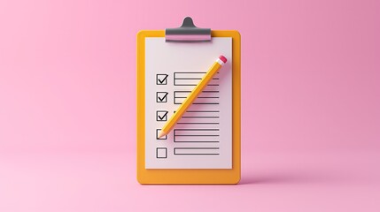Yellow Clipboard, pencil, and checkmark on pink pastel Background.