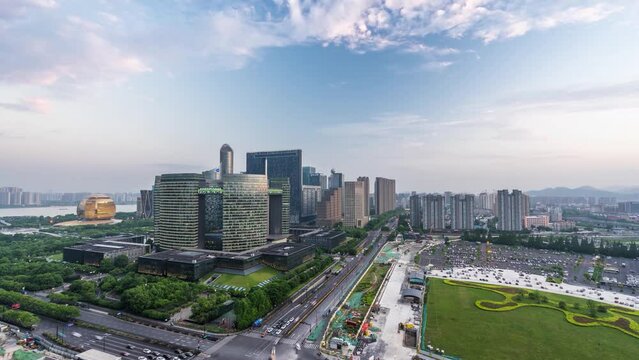 Timelapse of panoramic city skyline with skyscrapers in Hanghzou, China