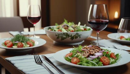 An elegant table set with plates of food, wine glasses, a bowl of salad, and a glass of wine
