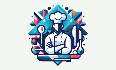 minimalistic geometric chef with kitchen accessories vector logo 