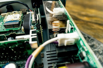 A detailed view inside a hi-fi amplifier showcasing its internal components and circuitry.