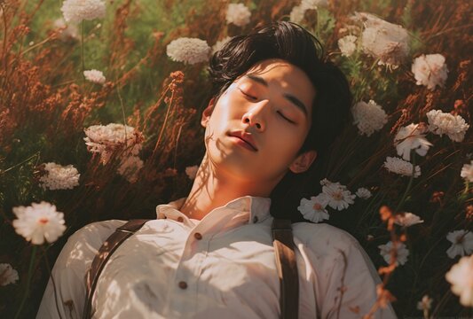 a young man lies on a field of flowering plants