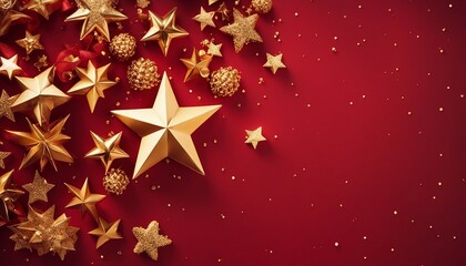 Fototapeta premium Golden Christmas stars on a red background, perfect for conveying Merry Christmas or Season's Greetings messages with bright decorations 