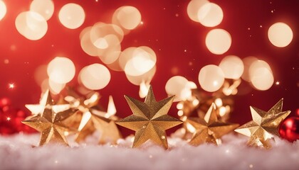 Golden Christmas stars on a red background, perfect for conveying Merry Christmas or Season's Greetings messages with bright decorations
