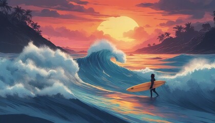 person surfing in the big waves of a moody blue ocean, colorful sunset, dijital painting style.
