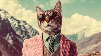 A sophisticated feline stands tall in the great outdoors, donning a sharp suit and stylish sunglasses against the majestic mountain backdrop, exuding confidence and coolness
