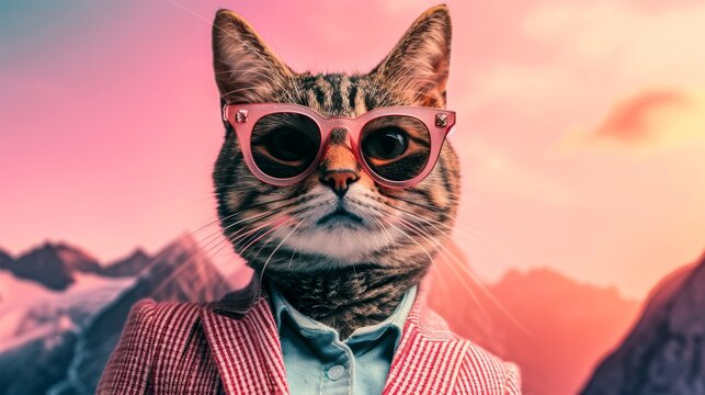 Amidst the stunning mountain backdrop, a cool cat dons sunglasses and a jacket, exuding a confident and fashionable vibe in the great outdoors