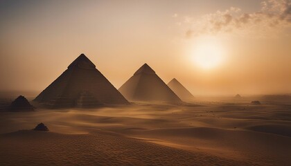 the ancient Egyptian pyramids, it is foggy and sunrise
