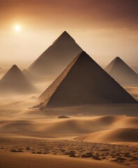 the ancient Egyptian pyramids, it is foggy and sunrise
