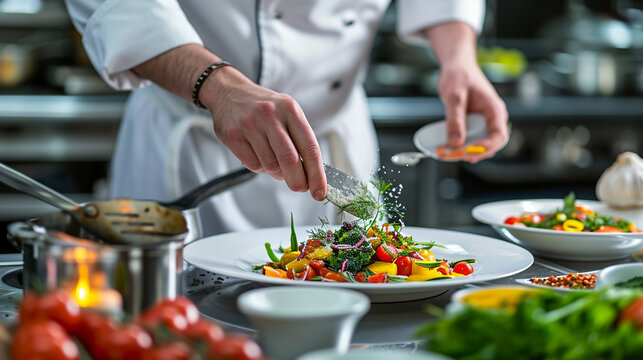 Food Industry, A chef in a professional kitchen, preparing gourmet dishes, surrounded by cooking ingredients and utensils.