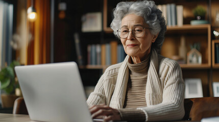 Senior elderly business woman taking part in online webinar meeting looking at laptop typing sitting in an office, technology communication concept