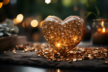 Heart shaped candle holder on wooden table with bokeh background.