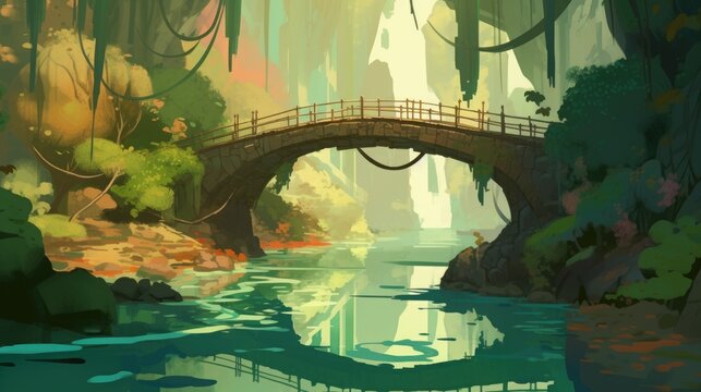 Beautiful nature landscape illustration, view of mountain and canyon. with bridge ,river,trees and clouds.