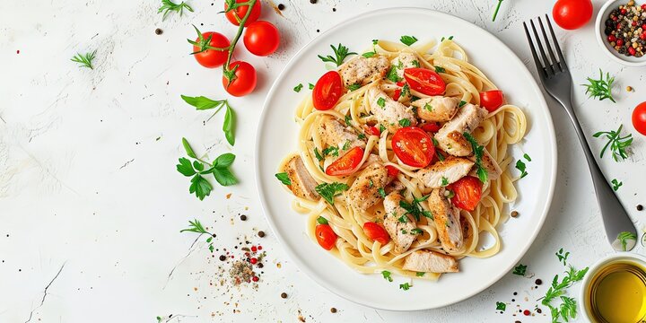 Pasta with chicken pieces and vegetables , tomatoes ,parmesan ,basil ,Italian cuisine ,home cooking ,background ,wallpaper.