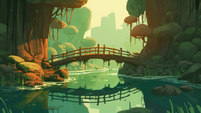 Beautiful nature landscape illustration, view of mountain and canyon. with bridge ,river,trees and clouds.
