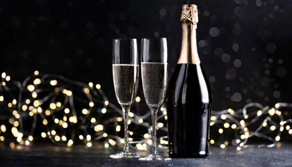 Glasses and a bottle with champagne, sparkling wine, Valentine s Day meeting, love, celebration, on a dark background.