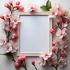 Blank photo frame with pink sakura flowers on white background.