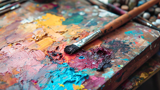 Paleta de arte para artista o pintor al óleo de colores. Pincel y paleta para hobby o dibujar.
