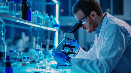 Forensic Scientist, A forensic expert analyzing evidence in a lab, with microscopes, evidence samples, and forensic tools.